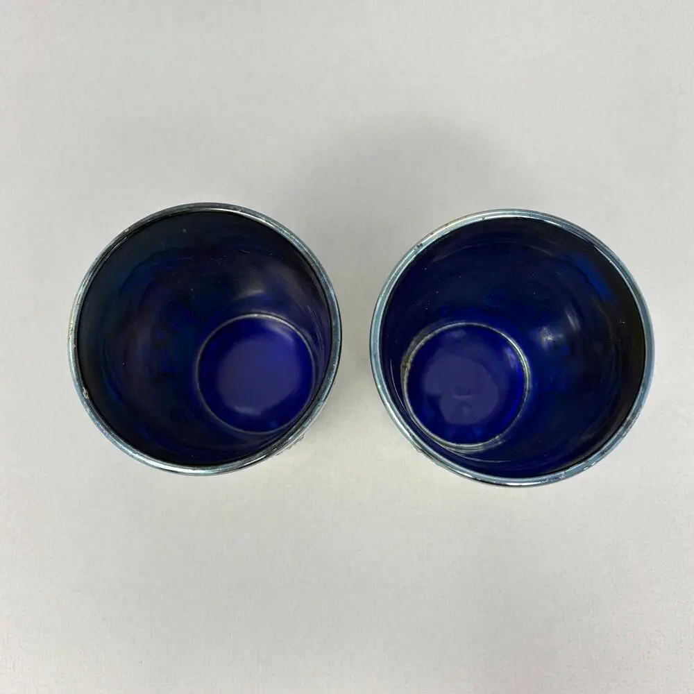 Pair of Antique Fenton Blue Carnival Glass Butterfly & Fern Tumblers Ground Base